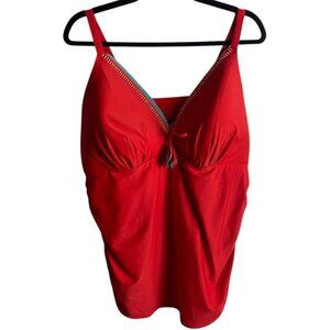 Cacique Swim Size 24 Tankini Top Coral Red Tassels Embroidered Boho No Wire Trip